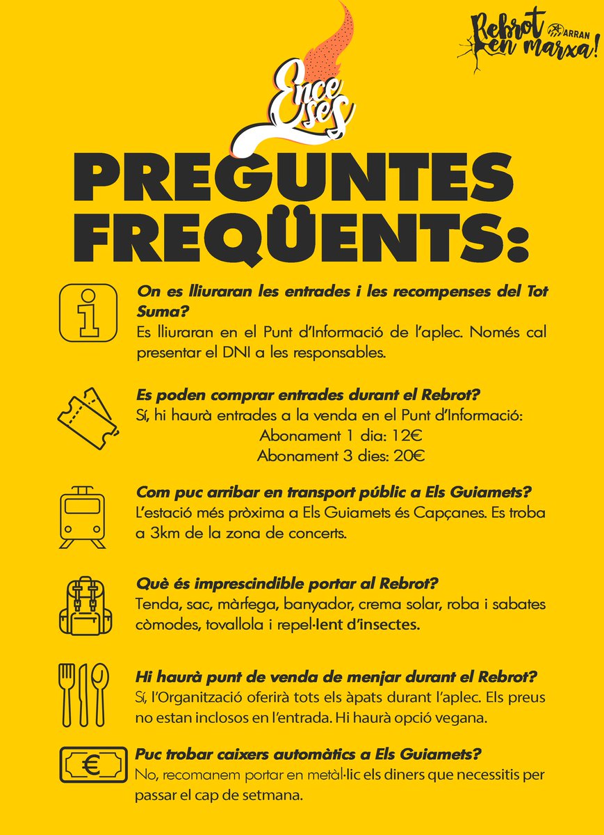 ❓ On es lliuraran les entrades i recompenses del #Rebrot19🌀?
❓ Com puc arribar en transport públic a Els Guiamets?
❓ Es poden comprar més entrades?

👇 Consulta les respostes aquí! 👇