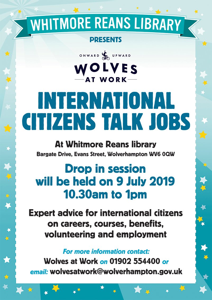 WLVCareers's tweet image. International Citizens Talk Jobs
9 July 2019, 10:30 – 13:00 at Whitmore Reans Reans Library 
#WolvesAtWork