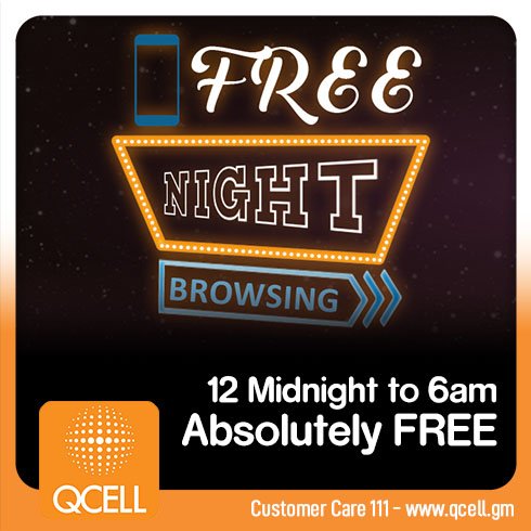 QCellgambia's tweet photo. Browse through the night from midnight to 6am to your heart's content. Simply recharge D500 or more to enjoy a whole month's free night browsing.
#Sunubuss #PrideofTheGambia #data #FreeNightBrowsing https://t.co/lnF5CQSdbk