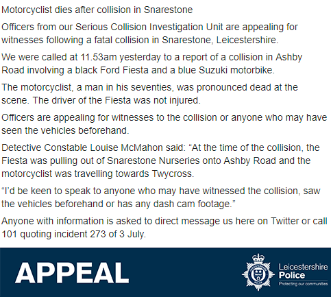 leicspolice's tweet photo. At around 11:53am yesterday, there was a collision between a blue Suzuki motorbike and a black Ford Fiesta in Ashby Road, #Snarestone? The motorcyclist was pronounced dead at the scene. Did you see the collision? Did you see the vehicles before hand? DM us if you can help. https://t.co/bvkzClqhPN