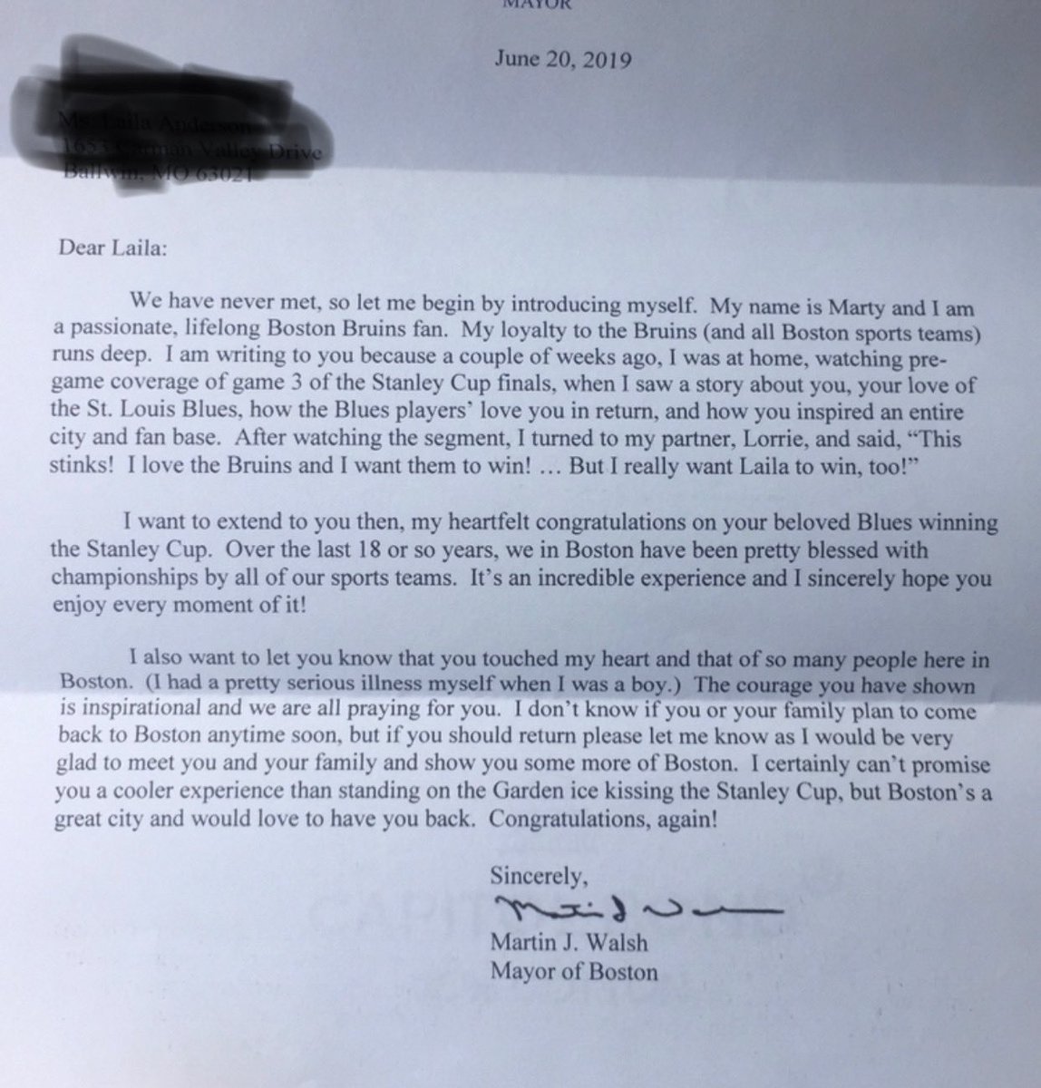 andystrickland's tweet photo. Boston Mayor, Martin Walsh sends inspiring #stlblues fan Laila Anderson a personalized letter congratulating her on the Blues #StanleyCup win https://t.co/988Sx5HRFW