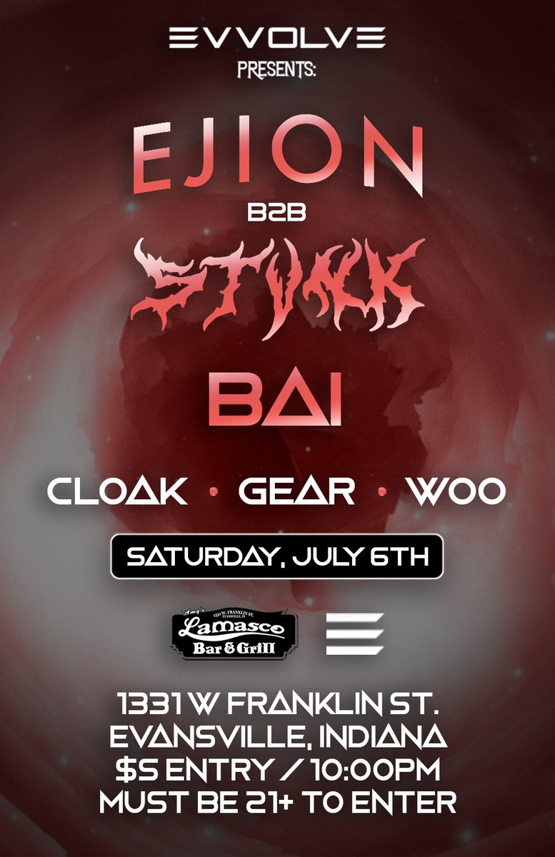 evvolve's tweet photo. Don't miss him at @evvolve presents: EJION b2b @djstvnk w/ @baileyploughe (7/6/19) featuring @gearlikesbass, @woomusic808, and @cloak808 this Saturday at @lamascobargrill • https://t.co/GB1WIHq9T4 https://t.co/pUEdDPmS5E