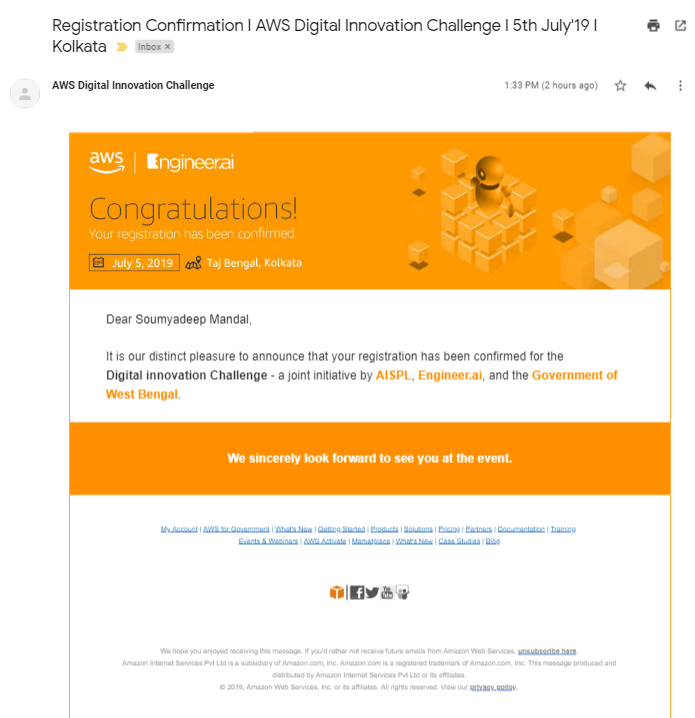 imsampro's tweet photo. AWS Digital Innovation Challenge I Kolkata
It is my distinct pleasure to say that my registration has been confirmed for the Digital innovation Challenge - a joint initiative by #AISPL, #Engineerai, and the Government of West Bengal.
#aws #innovation #kolkata #tajbengal #imsampro https://t.co/PNovmHxKWd