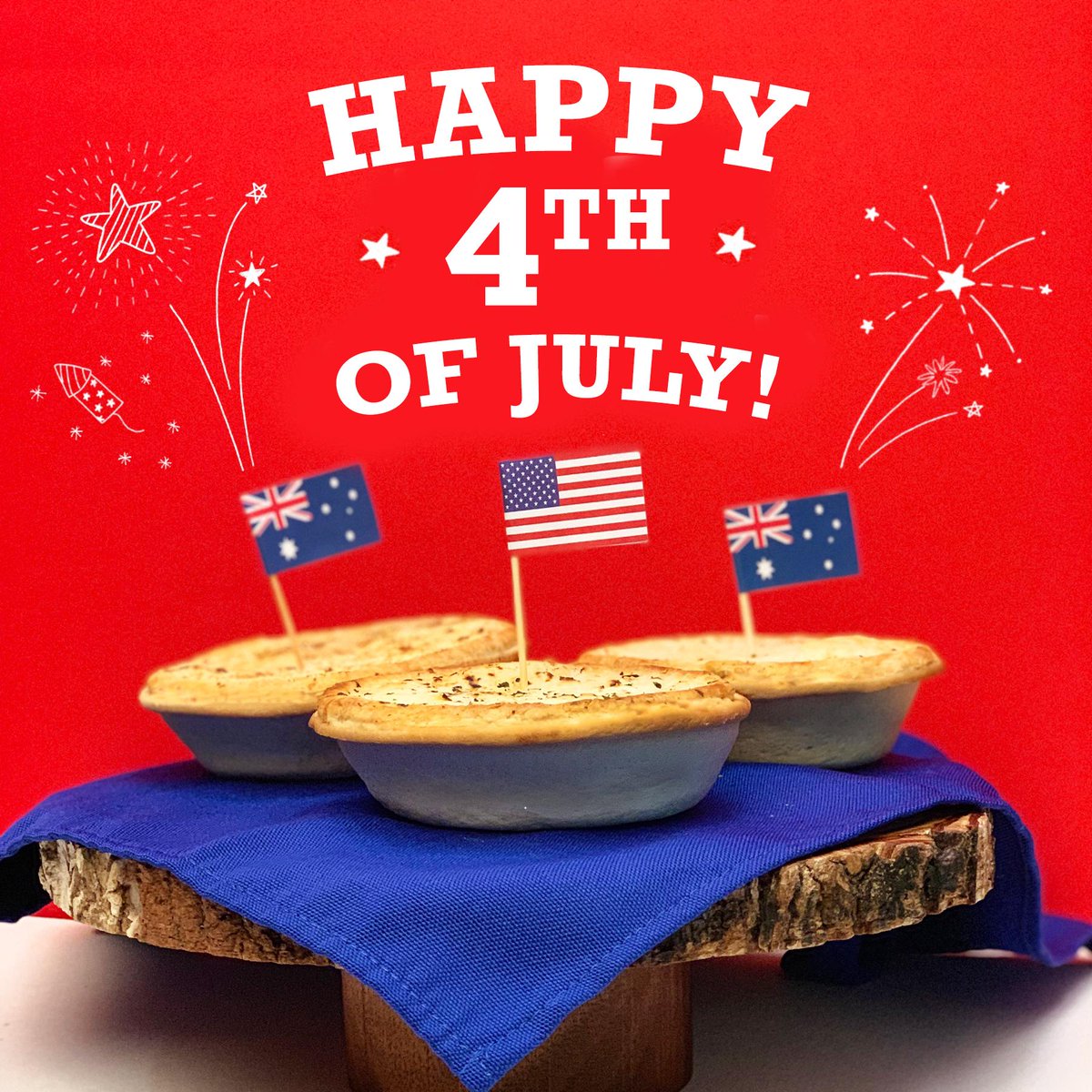 BoomerangsPies's tweet photo. Happy Independence Day! From our Aussie inspiration, to our Texas roots, we're proud to fly Red, White &amp; Blue. 🇺🇸 🇦🇺 🤠 https://t.co/6k43eXUYD7