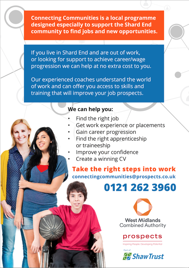Are you from the the Shard End area in Birmingham (B33 or B34) and looking for work? 

Connecting Communities is a local programme designed especially to support you to find jobs and new opportunities.  

For more information call 0121 262 3960

#MidlandsHour <a href="/CommunitesEnd/">Connecting Communites - Shard End</a>