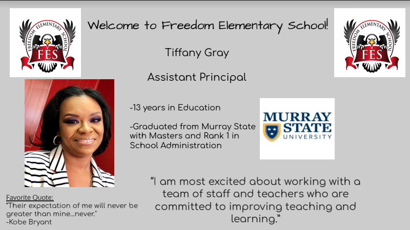 Freedom42240's tweet photo. Please help us welcome 2 new Assistant Principals to our school. Mrs. Gray and Mr. Goins will be joining Mrs. Stinson and Mr. Guier this year. Both are very excited to begin their journey with our school. https://t.co/6chHpTmOt0
