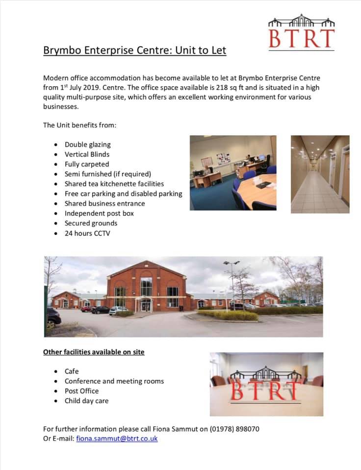 Unit to let at <a href="/brymbocentre/">Brymbo Centre</a> please get intouch for further information if interested, please share