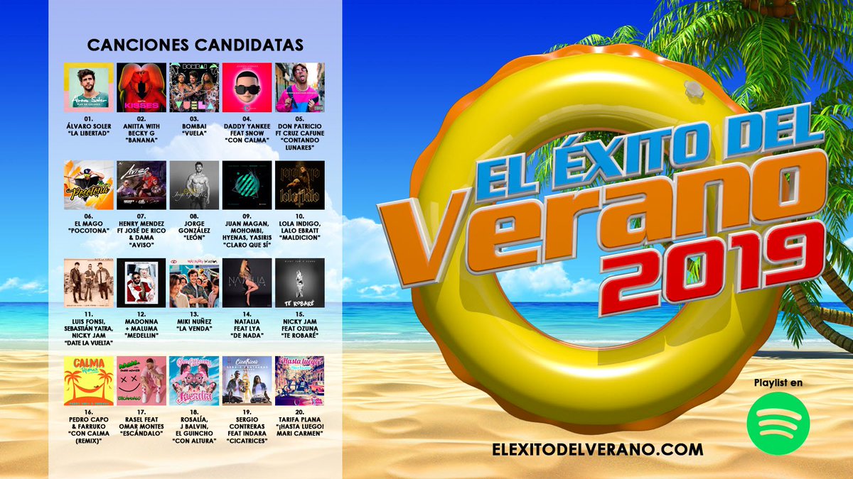 🌞¿Cuál será nombrada <a href="/ExitodelVerano/">El Éxito del Verano</a> 2019?<a href="/lolaindigomusic/">lola indigo | info oficial</a> @laloebratt <a href="/LuisFonsi/">Luis Fonsi</a> <a href="/SebastianYatra/">Sebastian Yatra</a> <a href="/NickyJamPR/">Nicky Jam</a> <a href="/Madonna/">Madonna</a> <a href="/maluma/">MALUMA</a> @mikiot2018 <a href="/NataliaOficial_/">NATALIA</a> <a href="/lya_Musica/">LYA</a> <a href="/NickyJamPR/">Nicky Jam</a> @Ozuna_Pr <a href="/pedrocapo/">Pedro Capó</a> <a href="/FarrukoOfficial/">.</a> <a href="/Raseloficial/">RaSeL</a> <a href="/omarmontesSr/">Omar Montes</a> <a href="/Sergi0Contreras/">Sergio Contreras</a> <a href="/lostarifaplana/">Tarifa Plana</a>
