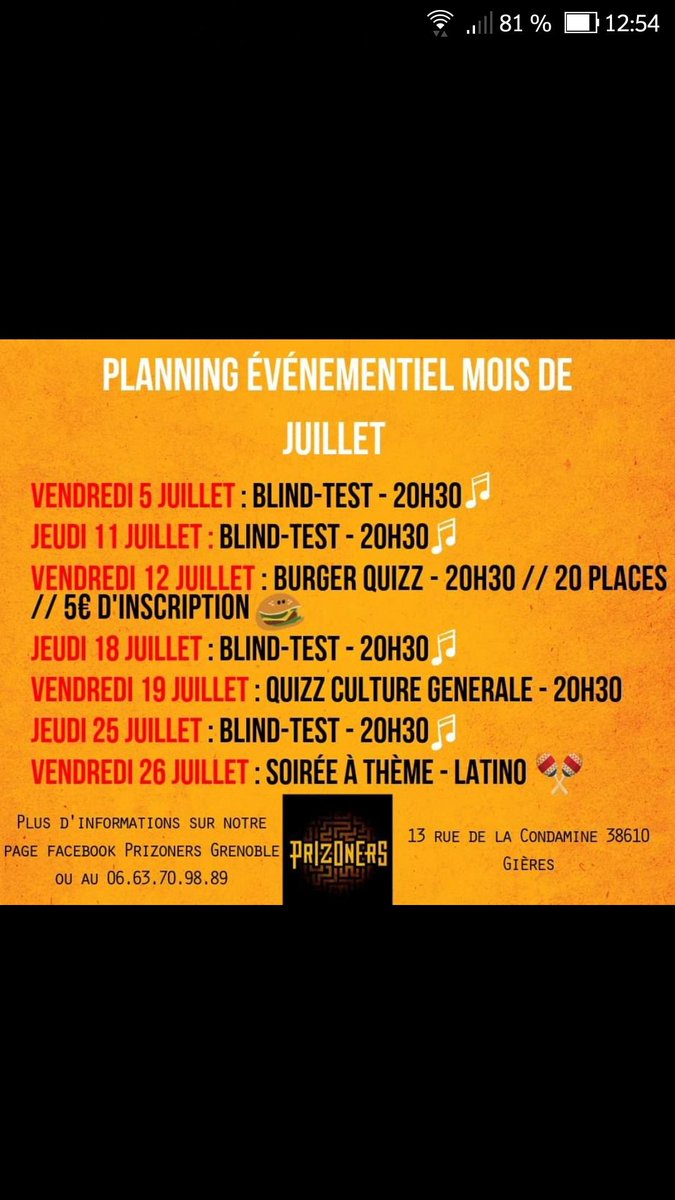 PrizonersGre's tweet photo. Votre planning événementiel de Juillet! Penser à réserver en appelant le 04 76 18 07 13 https://t.co/zXB0PLS9lt