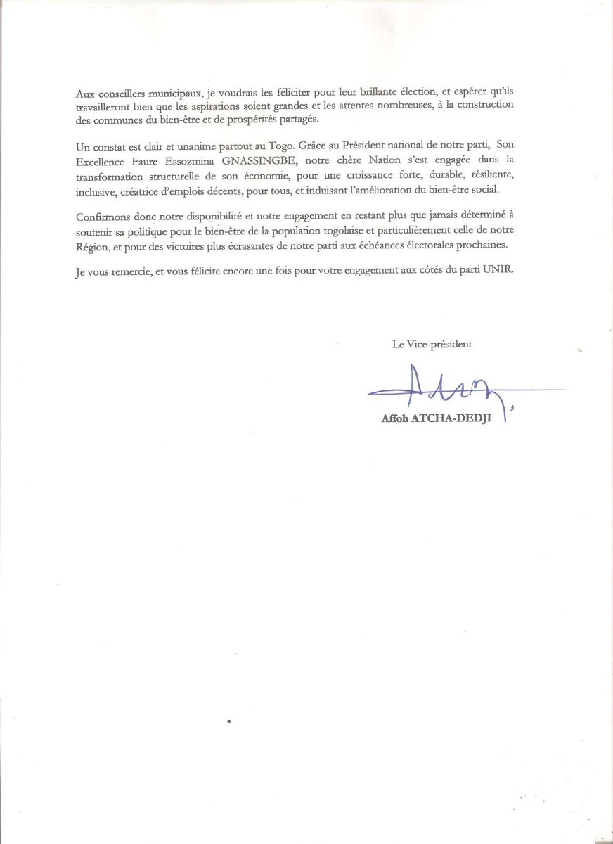 #MunicpalesTg2019 : Ma Lettre de remerciements aux militants et sympathisants du parti #UNIR de la région Centrale. 

#Denyigban
#UnirCentrale