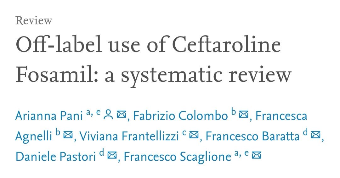NEW🔥 in #IJAA
Off-label use of Ceftaroline Fosamil: a systematic review
✨Bacteremia is the most common indication
✨The most common reason for use:persistent/recurrent infection after standard Rx or non-suscp to vanc &amp; dapto
✨Clin success 77% #IDTwitter sciencedirect.com/science/articl…