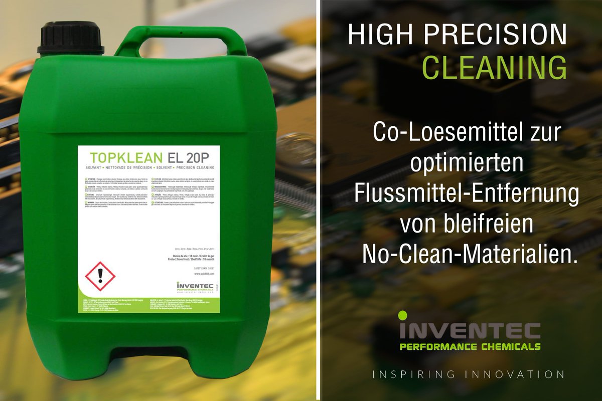 inventecPC's tweet photo. ๐ง๐ผ๐ฝ๐ธ๐น๐ฒ๐ฎ๐ป ๐๐20๐ฃ : Co-Lรถsemittel zur optimierten Flussmittel-Entfernung von bleifreien No-Clean-Materialien.
Der #Reinigungsvorgang zum Entfernen von eingebackenen #Lรถtflussmittelrรผckstรคnden auf Leiterplatten nach dem #Reflow-Lรถten, auch als #Defluxing bekannt. https://t.co/RRm7MINOyC