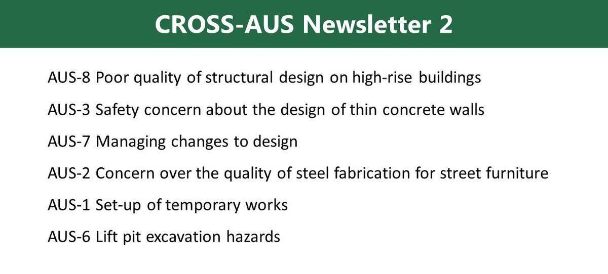 CROSS-AUS Newsletter 2 has been published: bit.ly/CROSS-AUS_NL_2

Please share it with your network

@IStructE @structsafe 

#structures #safety #engineering #structuralengineering #sharinglessonslearned #structuralsafety