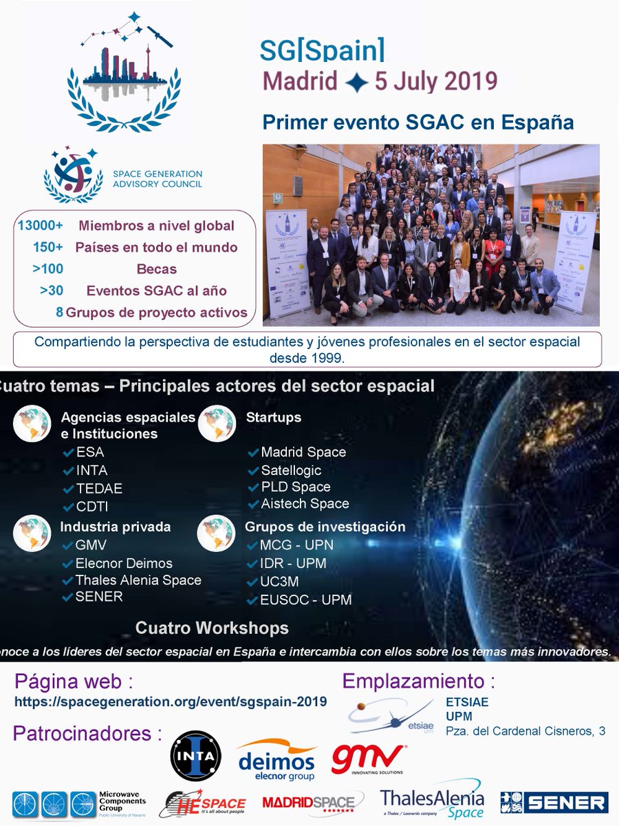 ETSIAE - UPM (@aeroespacialupm) on Twitter photo Mañana se celebra en #ETSIAE #SGSpain2019, un evento que reúne a agencias, instituciones, industria, grupos de investigación y startups del sector #espacial.
Patrocinan: <a href="/UNavarra/">UPNA - Universidad</a>, <a href="/HE_space/">HE Space</a>, <a href="/intaespana/">INTA</a>, @ElecnorDeimos, <a href="/infogmv/">GMV</a>, <a href="/Madrid_Space/">MadridSpace</a>, <a href="/Thales_Alenia_S/">Thales Alenia Space</a>, #SENER
#somosUPM Mañana se celebra en #ETSIAE #SGSpain2019, un evento que reúne a agencias, instituciones, industria, grupos de investigación y startups del sector #espacial.
Patrocinan: <a href="/UNavarra/">UPNA - Universidad</a>, <a href="/HE_space/">HE Space</a>, <a href="/intaespana/">INTA</a>, @ElecnorDeimos, <a href="/infogmv/">GMV</a>, <a href="/Madrid_Space/">MadridSpace</a>, <a href="/Thales_Alenia_S/">Thales Alenia Space</a>, #SENER
#somosUPM
