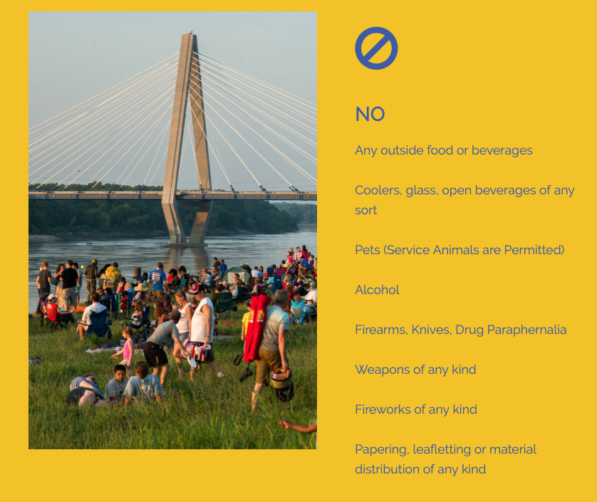 KCRiverfest's tweet photo. Please note - there are several things which cannot come thru the gates. Also, please keep in mind, most of these are not our regulations but outside agencies and we are simply playing by their rules so we can do this thing. Help us help you! #BoomKC https://t.co/HUKWDNI6Yp