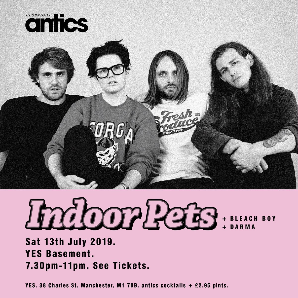 Sup dudes, we have a Manchester gig on the horizon! We’re playing with the incredible <a href="/IndoorPets/">Indoor Pets</a> and BLEACH BOY at <a href="/yes_mcr/">YES</a> on the 13th of July for the Antics club night. We will be debuting some new songs too 👀. Catch you there!