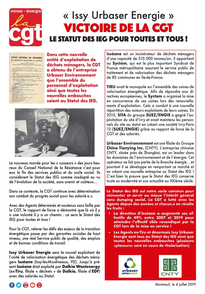 [tract] « Issy Urbaser Energie » : Victoire de la CGT, le STATUT des IEG pour toutes et tous !
La CGT a obtenu de l’entreprise Urbaser Environnement que l’ensemble du personnel d’exploitation ainsi que toutes les nouvelles embauches soient au Statut des IEG !

#CGT #fnme