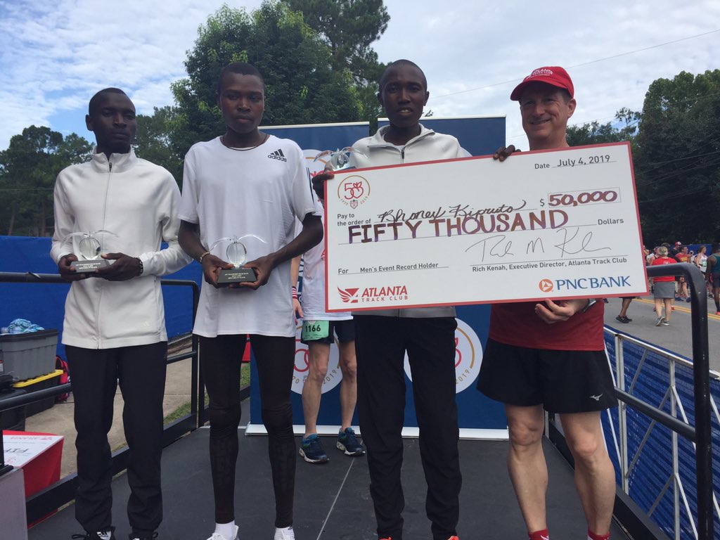 LukeGambleTV's tweet photo. Manuela Schar, Daniel Romanchuk, Rhonex Kipruto, and Brigid Kosge are all leaving the #PeachtreeRoadRace with an extra $50,000 after breaking the course record in each of their races. @FOX5Sports https://t.co/D8WYTZPK11