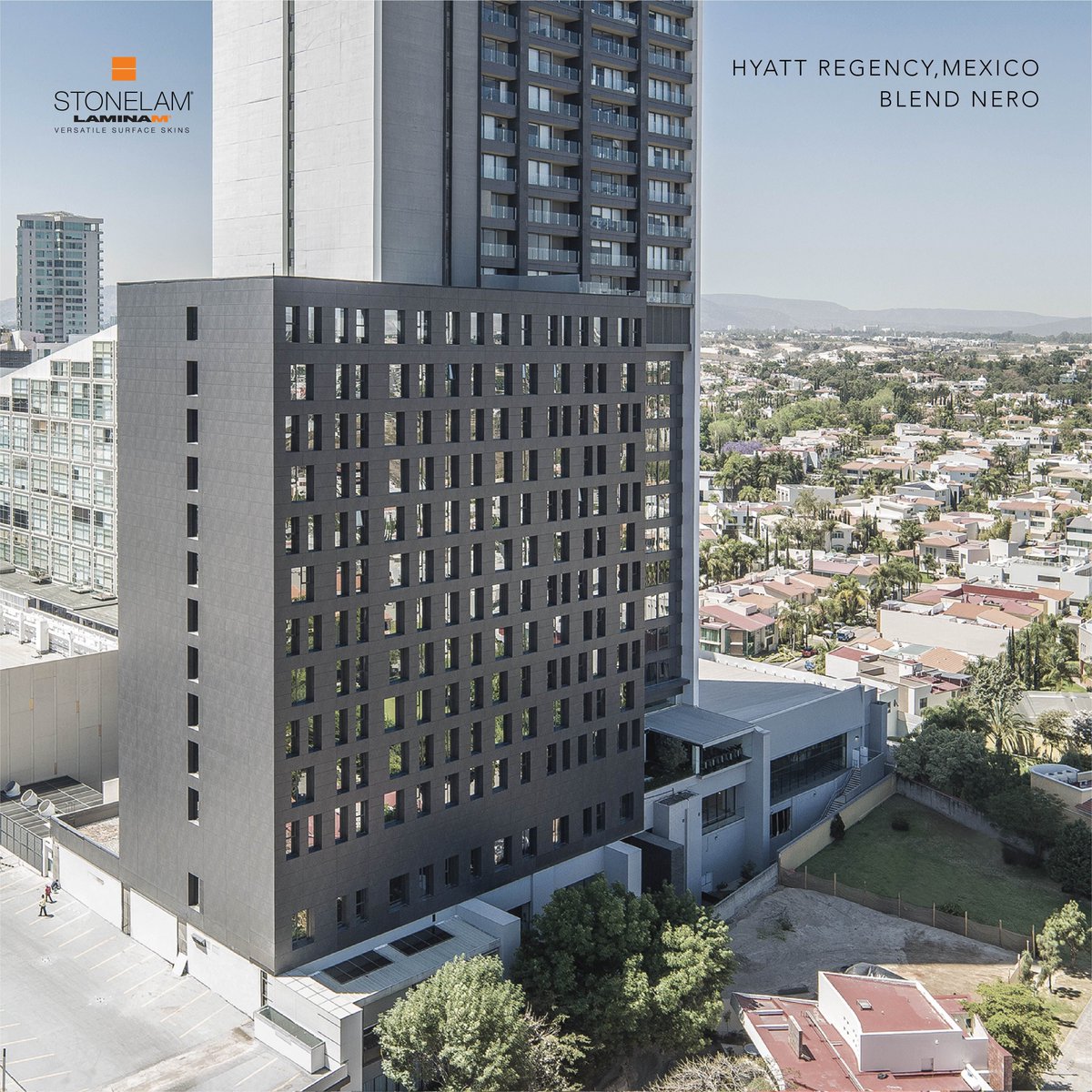 The 41-story high Hyatt Regency hotel in Mexico uses our Blend Nero slabs from the Gamma series. With higher resistance to extreme weather conditions, external stresses and abrasions, our slabs retain their chromatic properties for longer periods of time #modernarchitecture