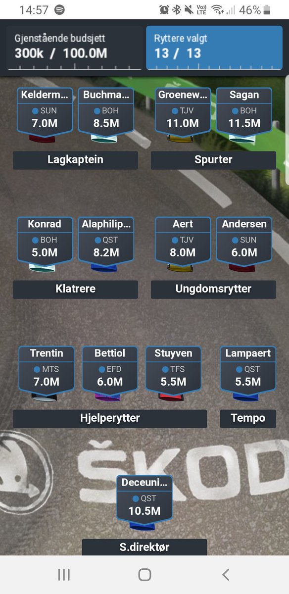 spursleif's tweet photo. Står med følgende lag og føler meg fornøyd. Mulig jeg dumper Groenewegen for Matthews (Van Aert god cover om Dylan faller av), og bytter sportsdirektør til Jumbo Visma. Er også sugen på Scachmann. Mye avhenger av formen til Sagan der. Wait and see
#TDFManager #tourmanager https://t.co/2px5dHTMv9