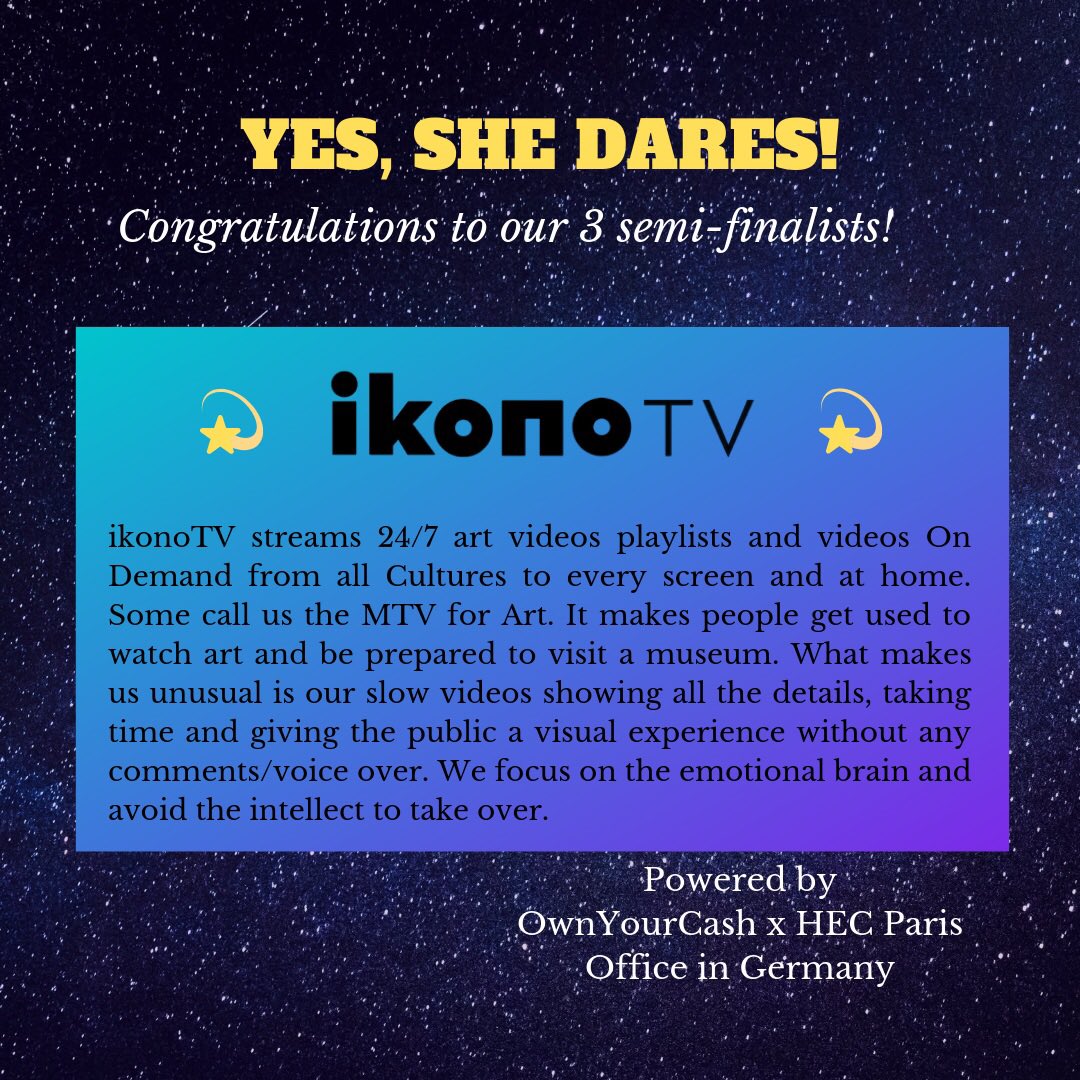 [H-20] Tomorrow at 12.00 #YesSheDares award ceremony will FINALLY reveal the winner... 

Between #ArtForAll, #WomenHealth and #SmartRecruiting, the choice was difficult 😅
All semi-finalists deserve a round of 🙌

#FGWforum19 @Ownyourcashnow #HECInGermany #InvestInWomen