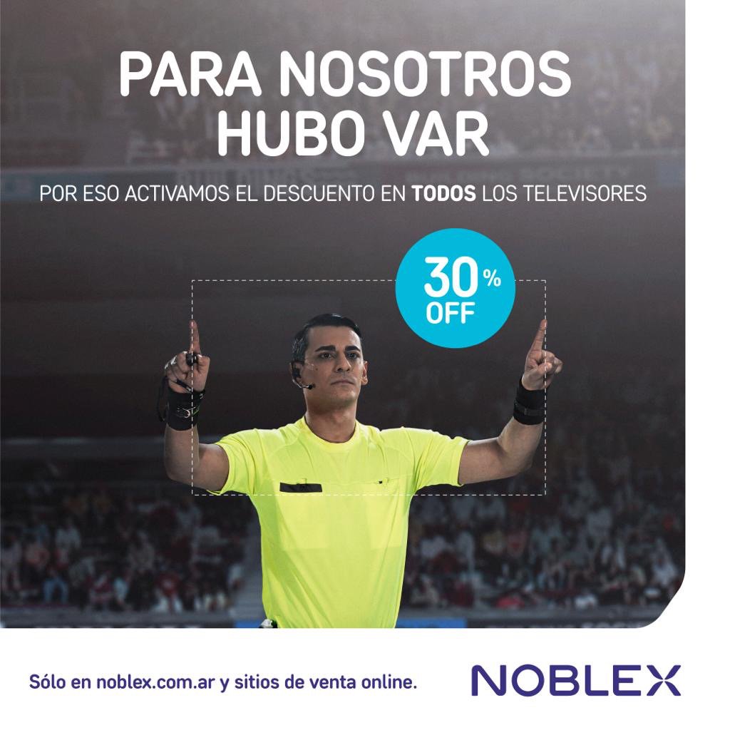 radiolared's tweet photo. Para ustedes tenían que haber pedido #var? Bueno, NOBLEX está de acuerdo con toda la Argentina y hace justicia. Se activa la Promo que pide VAR igual y desde ahora hasta las 18 de hoy tenés un 30% de descuento en TODOS los televisores NOBLEX más 12 cuotas sin interés #PromoNoblex https://t.co/Z8HzbfbaEn