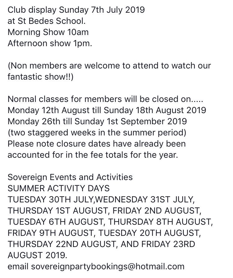 SovereignGC's tweet image. CLUB DISPLAY THIS SUNDAY 7TH JULY AT ST BEDES. 10am show and 1pm show. Non members welcome to come and watch. 

Attached photo details summer closures (12-18th August &amp;amp; 26th aug-1st sept). 

Finally, please see photo for details of summer activity days.