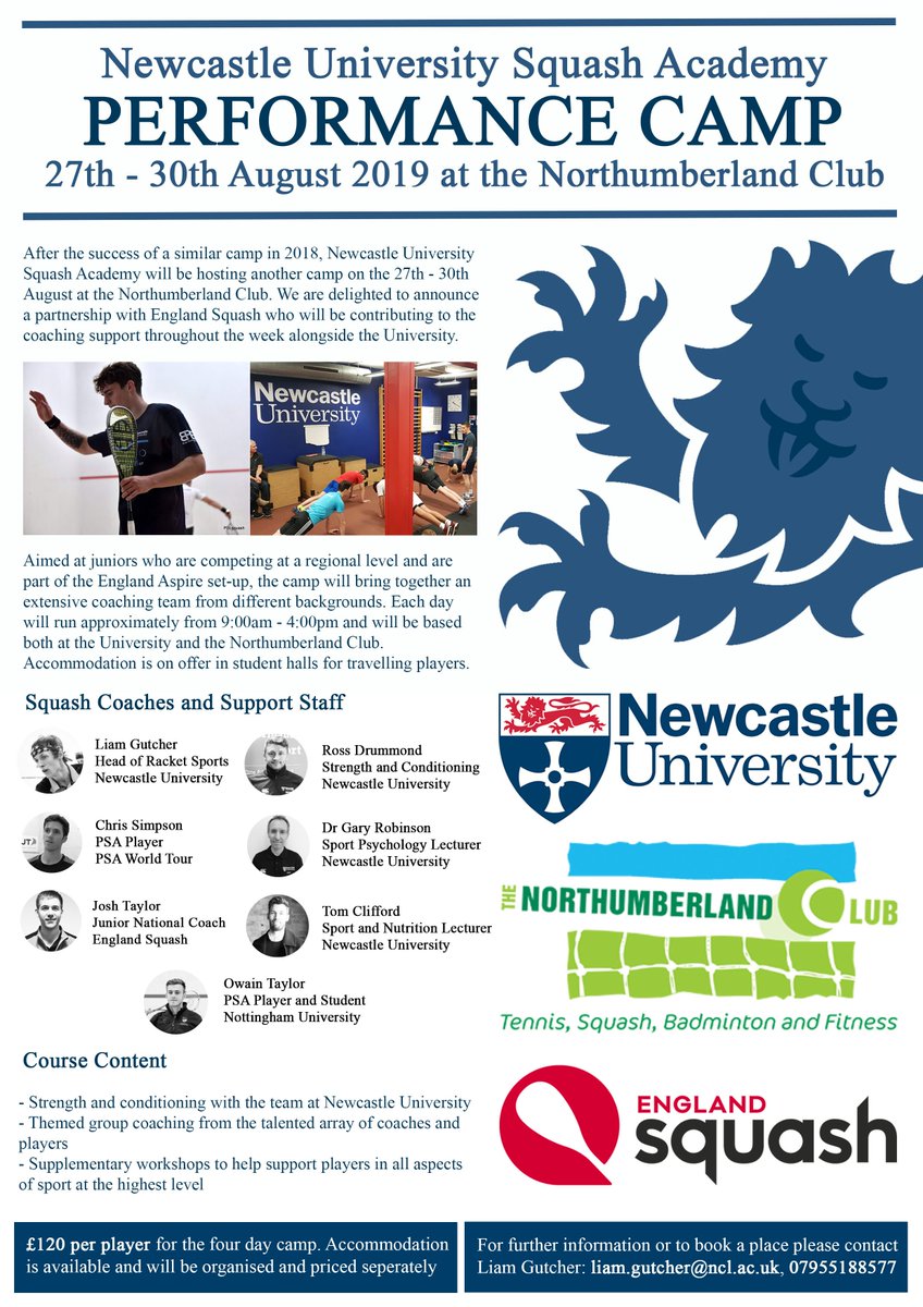 NewcastleUniSquash (@nuasquash) on Twitter photo We're hosting a junior squash performance camp 27th - 30th Aug at <a href="/TheNmbrlandClub/">The Northumberland Club</a> Guest coaches include <a href="/JT_Squash/">Josh Taylor</a> <a href="/simposquash/">Chris Simpson</a> <a href="/owaint016/">Owain Taylor</a> alongside S and C, nutrition and sports psychology from <a href="/NCLsport/">NCL Sport</a> For more info contact liam.gutcher@ncl.ac.uk We're hosting a junior squash performance camp 27th - 30th Aug at <a href="/TheNmbrlandClub/">The Northumberland Club</a> Guest coaches include <a href="/JT_Squash/">Josh Taylor</a> <a href="/simposquash/">Chris Simpson</a> <a href="/owaint016/">Owain Taylor</a> alongside S and C, nutrition and sports psychology from <a href="/NCLsport/">NCL Sport</a> For more info contact liam.gutcher@ncl.ac.uk