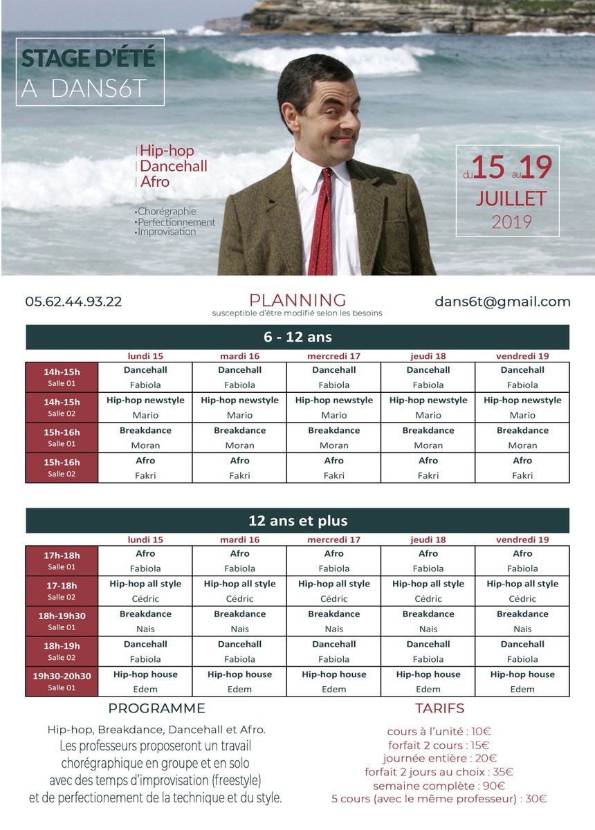 #Stage d'été #danse à #Dans6t du 15 au 19 juillet 2019
Inscriptions et paiements sur place ou en ligne dans6t.com. Hip-hop, dancehall, breakdance, afro-fusion, tout public à partir de 6 ans.
Venez vous initier ou vous perfectionner dans nos locaux climatisés ;)