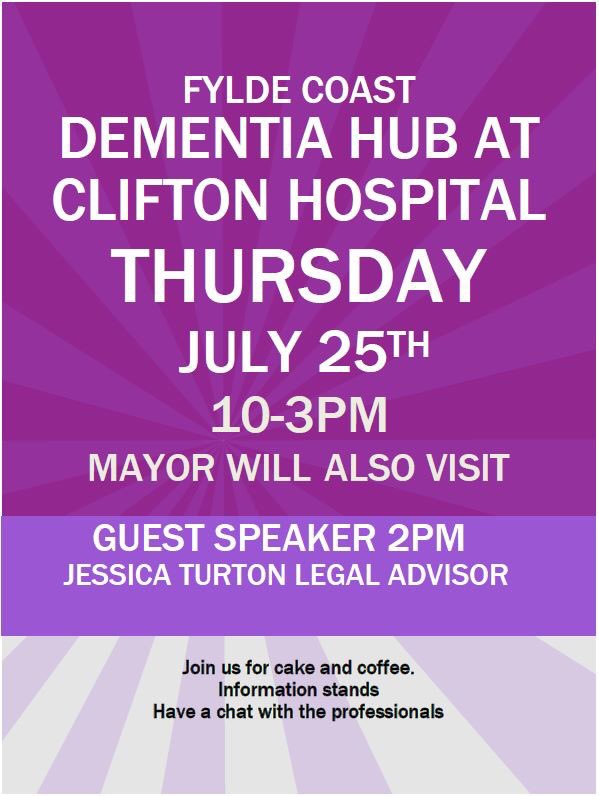 Join us on Thursday, July 25, for the #FyldeCoastDementiaHub where you will find information stands, guest speaker Jessica Turton plus the Mayor of Fylde.