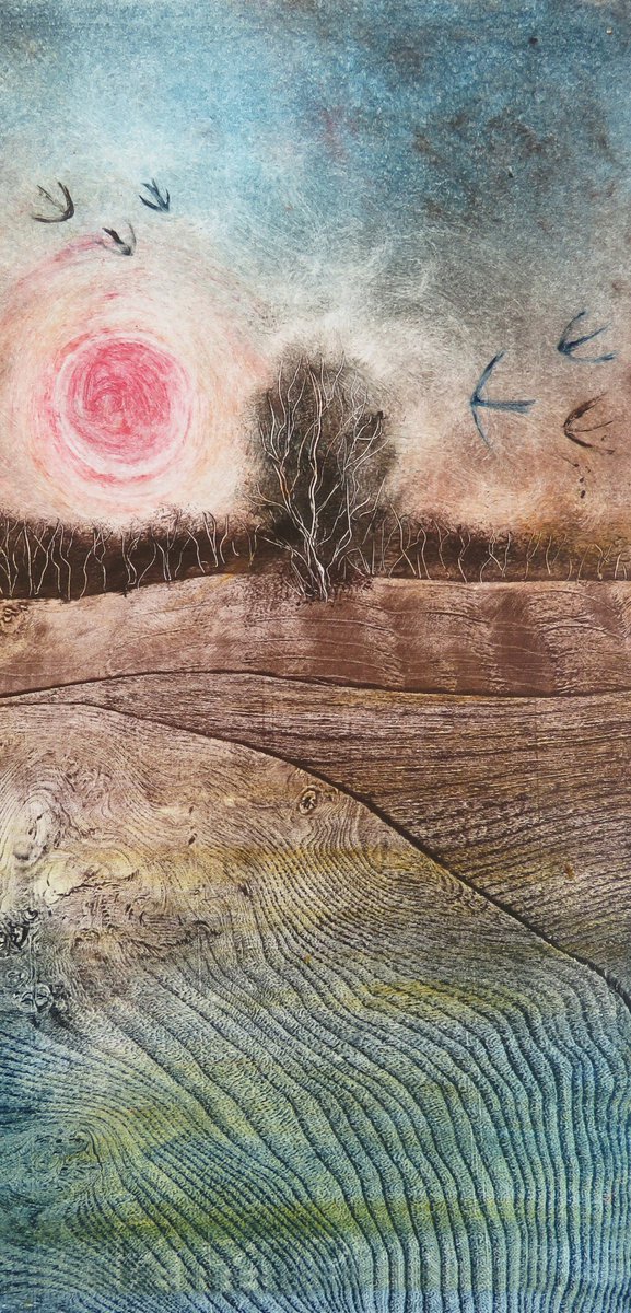 jcurtisart's tweet photo. Sorting out work to take to @FairOpus at Burrowbridge this weekend - I will have a selection of cards that show how I use wood grain in my art like this card Sunset Tree https://t.co/GZJsi7pGU9