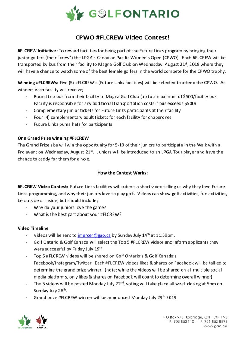 TheGolfOntario's tweet photo. Golf Ontario is excited to announce the Future Links Crew Video Contest! Your Future Links facility will have the opportunity to win one of five prizes for their facility to attend the CPWO at Magna Golf Club on Wed, August 21st. For more details, see the photo below! #FLCrew https://t.co/UHYc2VROZY