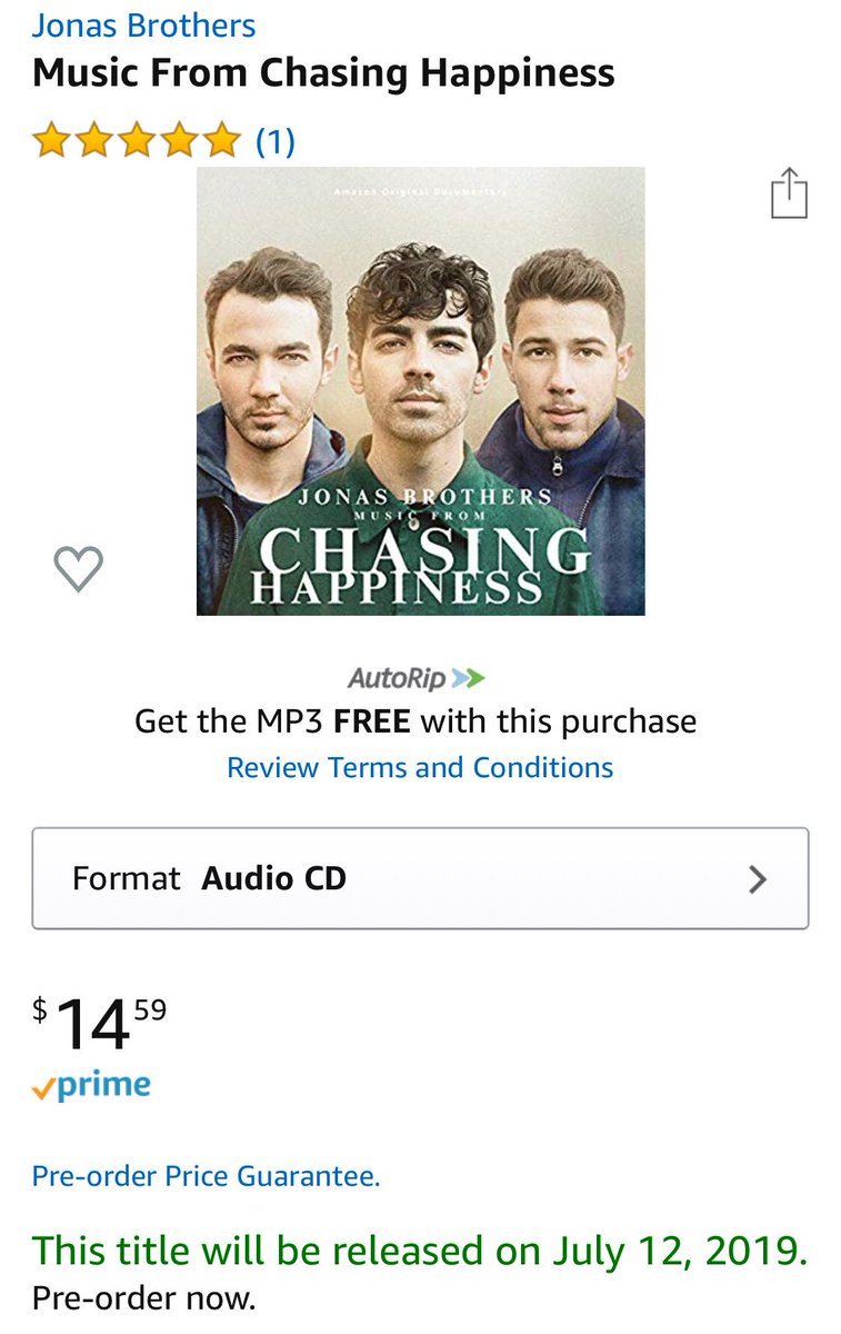 JonasWorldFeed's tweet image. Amazon is releasing a physical Audio CD of “Music from Chasing Happiness” on July 12. There is no track listing, so for now going to assume that it’s exactly the same as the digital version previously released. #butwhereisJersey