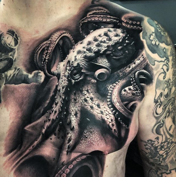 A greyscale tattoo design of a blue-ringed octopus illustrationon white  background, realism, intricate details, 4k quality, photorealistic on  Craiyon