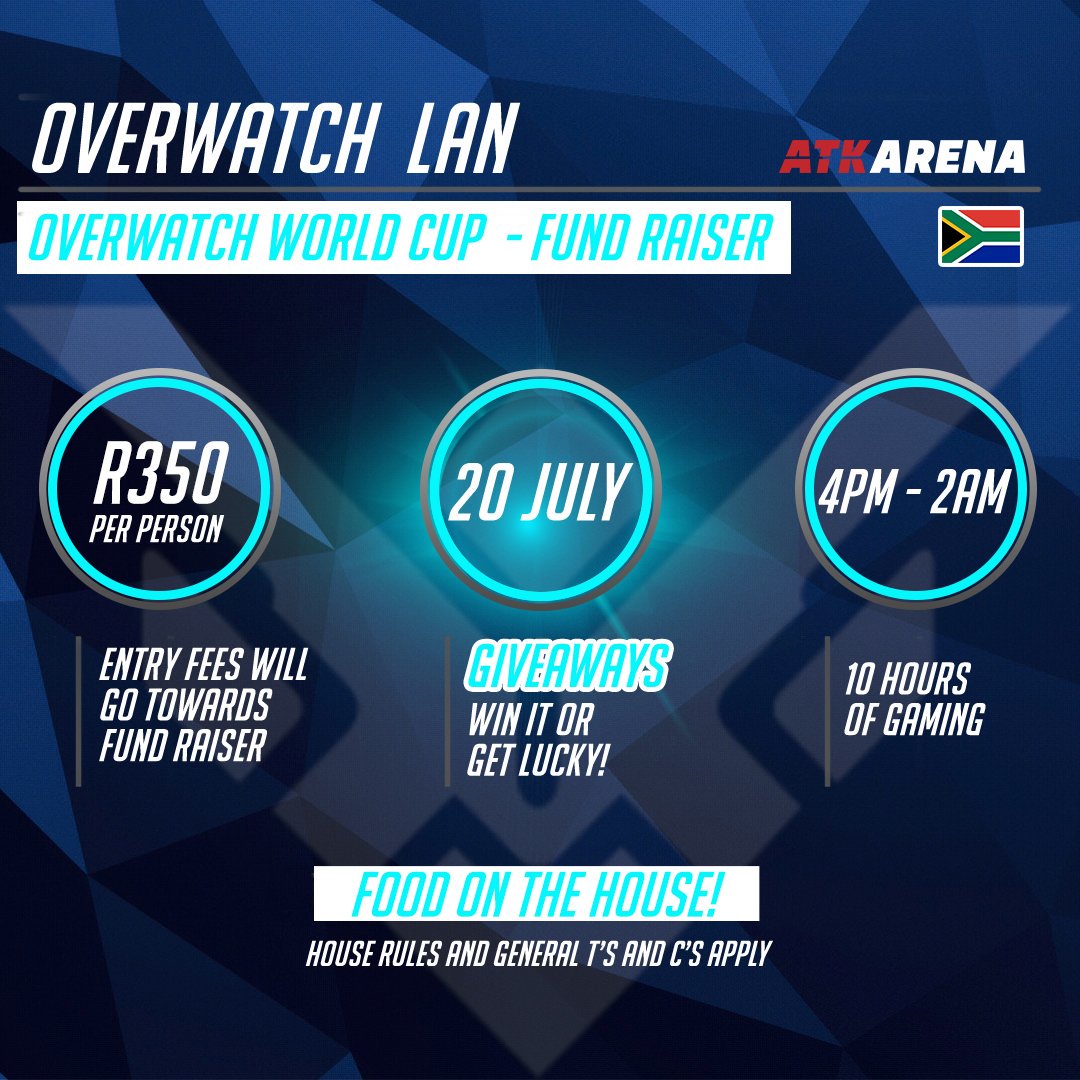 We're hosting an Overwatch LAN to raise the funds needed to send the <a href="/ZABarbarians/">OWWC2019 South Africa Rhinos</a> to the USA for the Overwatch World Cup 2019✈️

Date: 20 July 2019
Time: 4PM-2AM
Price: R350 

Book tickets here: qkt.io/atkowlan and RSVP to <a href="/VirgoLizz/">virgoliz</a> (zella01@live.com)