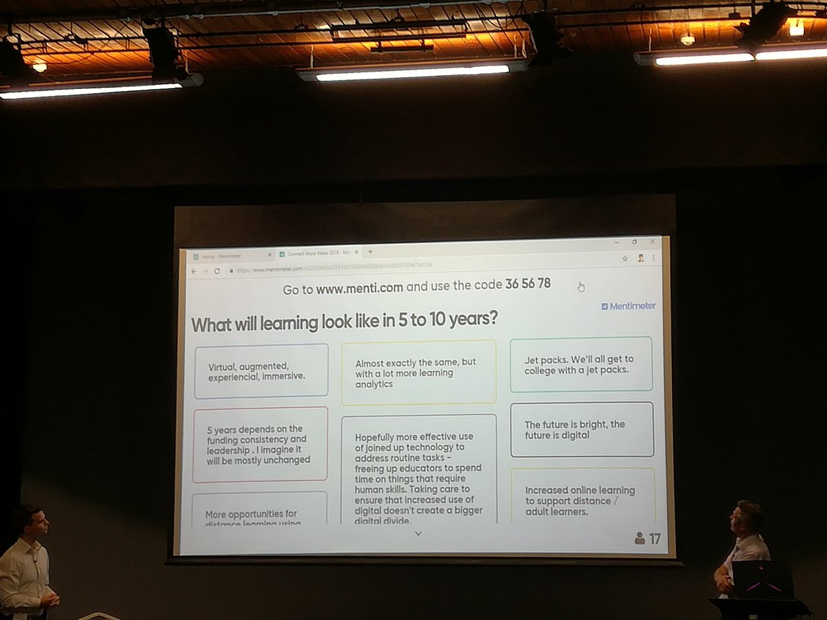 EdTechMartin's tweet photo. Education will be going to use #LA to deliver more personalized experience and collaboration will be a key in 5 - 10 years. Nice visionary closing session @Jisc #ConnectMore19 with audience input trough @Mentimeter Jetpack vision is my favourite 😁 https://t.co/1ZWIQCzFJj