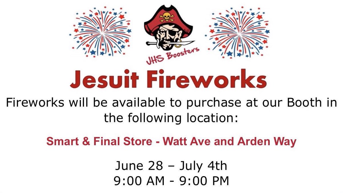 jhsboosters's tweet photo. Last day to support @jhsboosters TODAY!  Celebrate America and #jhsmenforothers ... stop by and get your fireworks 💥 🧨 🎉 🇺🇸 🤗
#4thofjuly2019 #jesuitsacramento #GoBigRed #Fireworks 
Smart &amp; Final parking lot @ Watt &amp; Arden https://t.co/viCKXzHwYC