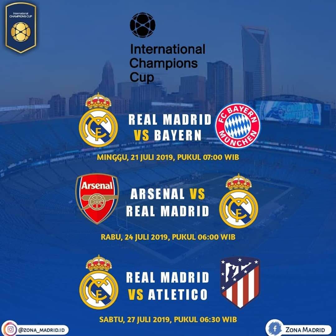 📝 Jadwal Real Madrid ICC pra-musim

👉 Real Madrid 🆚  Bayer Munchen
📆 21 Juli 2019 Jam 07:00 WIB
👉 Arsenal 🆚 Real Madrid
📆 24 Juli 2019 Jam 06:00 WIB
👉 Real Madrid 🆚 ATM
📆 27 Juli 2019 Jam 06:30 WIB

🔥 PRMI Belu Malaka