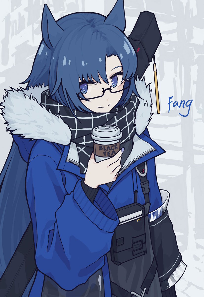 1girl solo blue hair blue eyes official alternate costume scarf coffee cup  illustration images