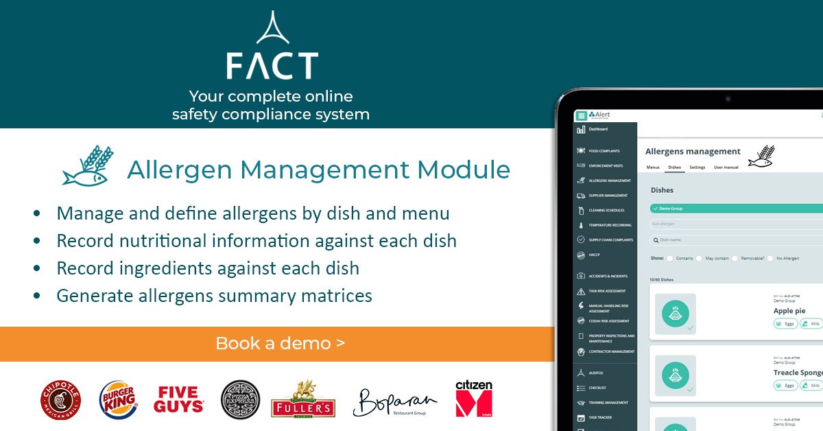 FoodAlertLtd's tweet photo. Allergen Management is made easy with FACT, our cloud-based Safety Compliance Software. #foodsafety #allergens #cloudbased #builtforhospitality #justask #anaphylaxis #compliancesoftware
https://t.co/HExJNNASIq https://t.co/cHlLXkavPp