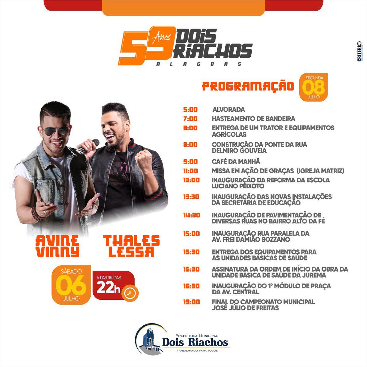 ramoncamilo9's tweet photo. Programação do aniversário de emancipação política da nossa Dois Riachos. As apresentações artística seram no dia 6 e as inaugurações dia 8 do corrente mês. https://t.co/W9KE2RUML5