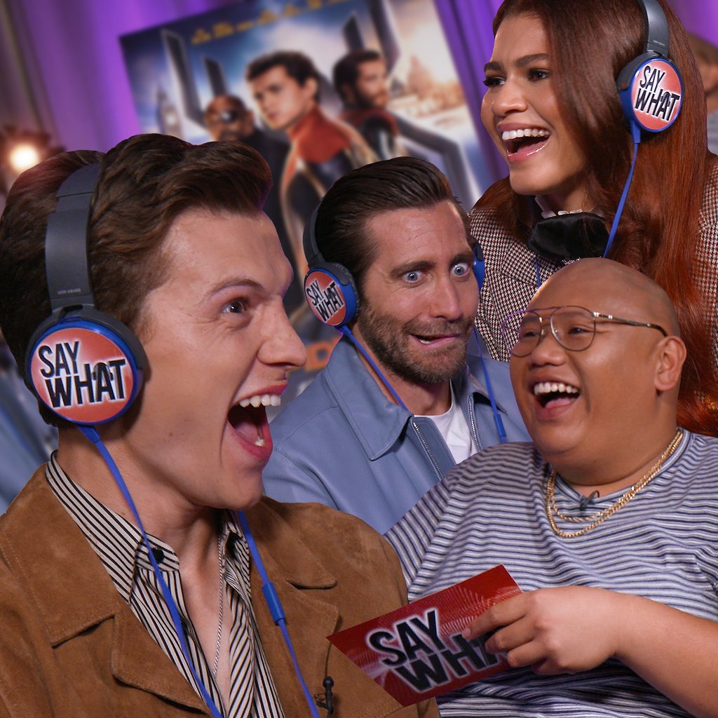 ThePlaylistShow's tweet photo. Say WHAT?!?!?! Yeah that's right, the cast of @spidermanmovie play Say What and it gets MESSY 😂⁠
⁠
Catch it on The Playlist this weekend or over on the @BBC iPlayer! 🕸🕷🕸⁠
⁠
cc: @tomholland1996 @zendaya 

#SpiderManFarFromHome https://t.co/cGIaVjVp0k