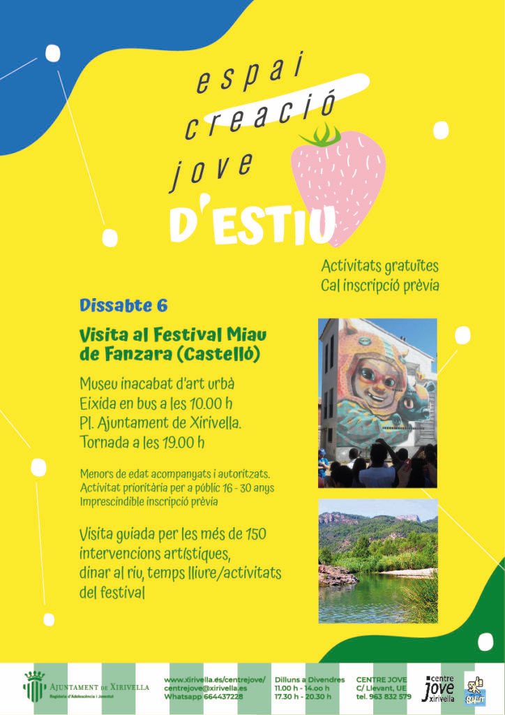 GVAivaj's tweet photo. Excursió al @MIAUFANZARA!
Apunta't a esta actvitat per a este dissabte, 6 de juliol, que organitza el Centre Jove de Xirivella.
Troba esta i més activitats a l'agenda jove de l’#IVAJ!
#Qfer 👉🏻 https://t.co/1A1xYQVFpe
#XarxaJove @XRVJove https://t.co/aYhieoDs6r