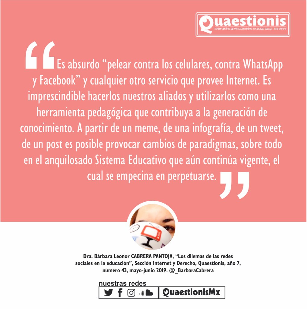 _BarbaraCabrera's tweet photo. 📌 Comparto mi artículo LOS DILEMAS DE LAS REDES SOCIALES EN LA EDUCACIÓN 👉 https://t.co/ctiW3TJC54 publicado en la Revista @QuaestionisMx #Q43  #ElArteDePensar #7años https://t.co/oyw3NdJez9