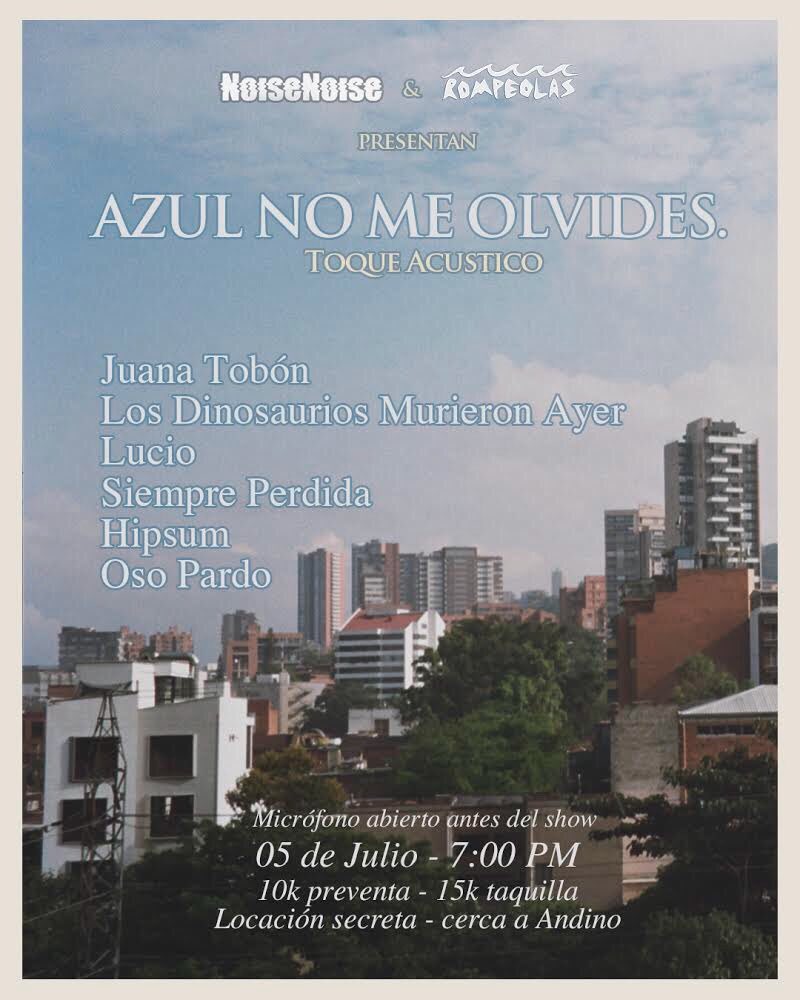 ¡Amigos!

Nos vemos mañana en “Azul, nomeolvides” junto a <a href="/juana_tobon/">Juana Tobón</a>, @ivannapalacio_, @juannpaezz, @HipsumMedayork, <a href="/murieronayer/">Los Dinosaurios</a> y Oso Pardo

Si quieren ir, respondan este tweet y obtengan su entrada a precio de lista
#NoiseNoisePresenta