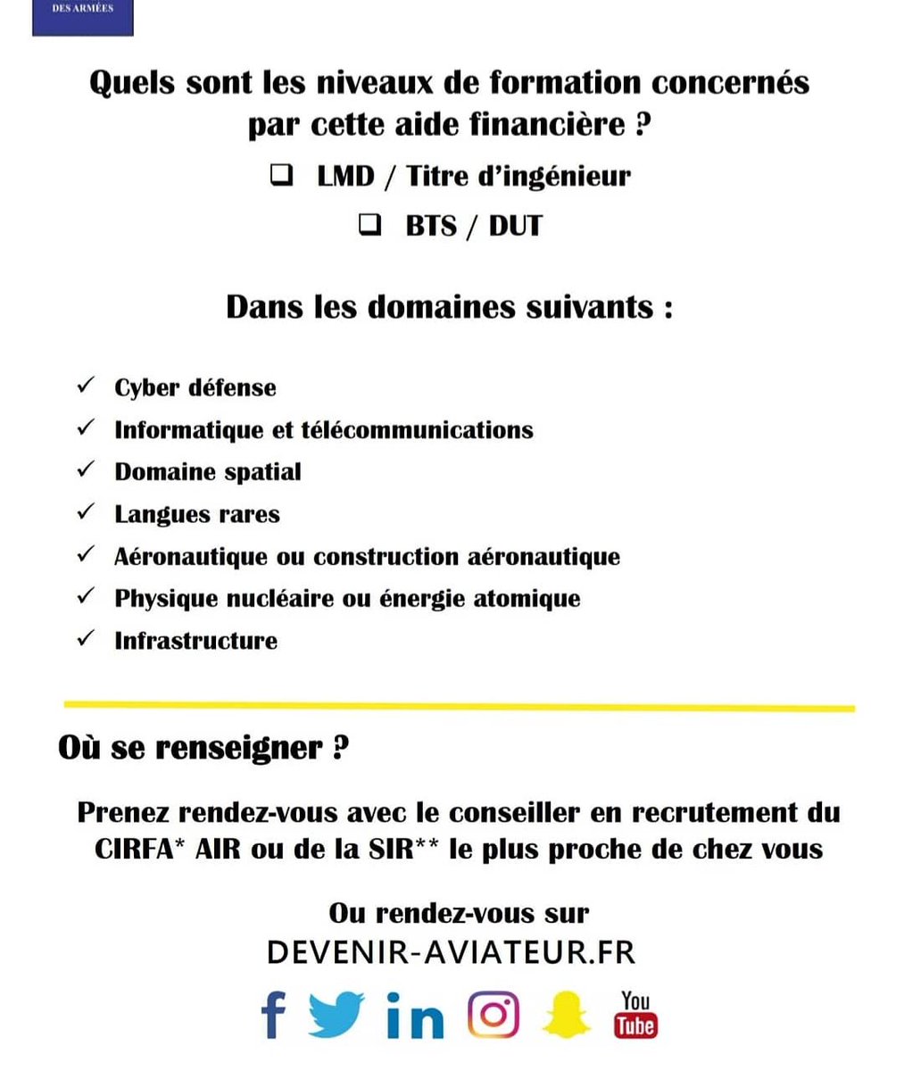 Vous êtes étudiants ou futurs étudiants? L'<a href="/Armee_de_lair/">Armée de l'Air et de l'Espace</a> ✈peut vous aider financièrement dans vos études. Pour en savoir plus contactez le bureau air de Strasbourg au 0388220087 📱 <a href="/DevenirAviateur/">Devenir Aviateur</a> <a href="/unistra/">-</a> <a href="/Alsace/">Alsace</a> <a href="/strasbourg/">Strasbourg.eu</a> <a href="/mulhouse/">Ville de Mulhouse</a>