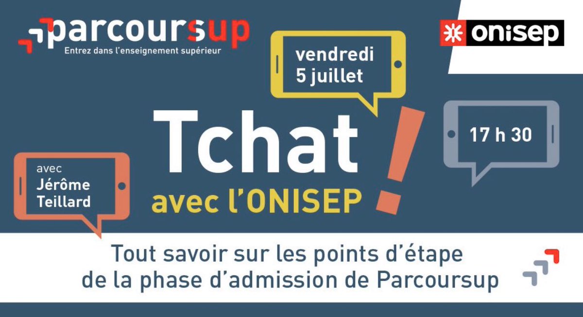 JeunesMacronSE's tweet image. @Onisep organise un tchat spécial #Parcoursup demain à partir de 17h30 à 18h30 . 

❓Jérôme Teillard, chef de projet Parcoursup auprès de la Ministre de l'Enseignement supérieur, de la Recherche et de l'Innovation, répondra à toutes les questions.

@EducationFrance @JeunesMacron