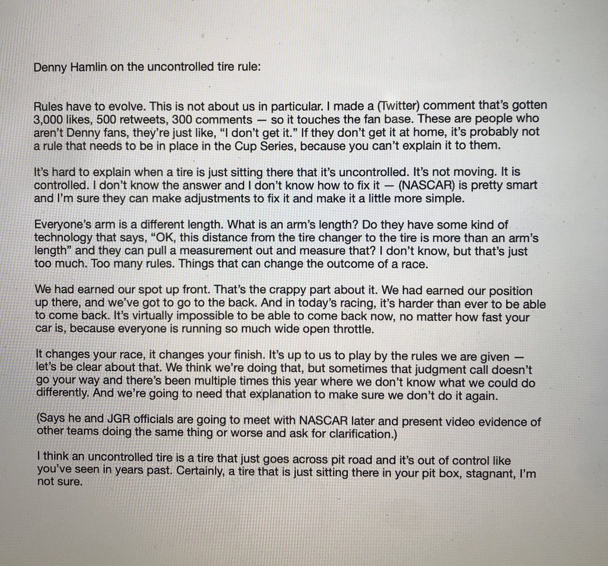 Jeff Gluck Hamlin Says There Are Too Many Rules And It S Too Much When Fans Can T Understand The Logic He Also Notes Everyone S Arm Is A Different Length So