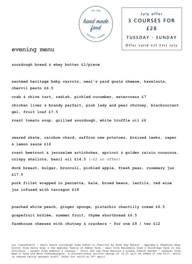 HandMadeFood's tweet image. July is a month of bounty and generosity - are our latest dinner menu #seasonalfood #dinner #blackheath