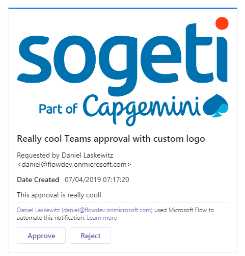 laskewitz's tweet photo. I like it when @MicrosoftFlow and @MicrosoftTeams play nicely together! 😁 #MicrosoftFlow #CustomLogo #AdaptiveCards https://t.co/l51UW1UFZK